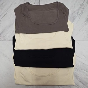 OQQ Med Damen 4-teiliges bauchfreies Oberteil Langarm quadratischer Ausschnitt tailliert Top, schwarz, grau, weiß - Bild 1 von 2