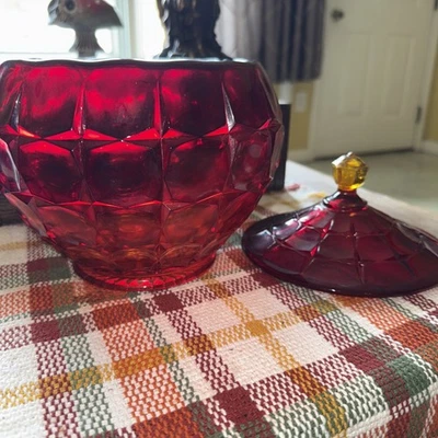 VTG Rare Amberina Ruby Red Glass Lidded Jar Orange UV Glow - Image 1 of 4