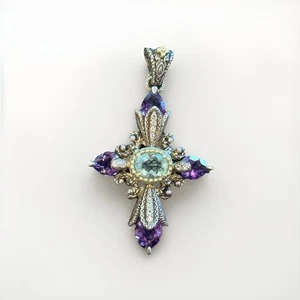 Barbara Bixby 925 Sterling Silver & 18K Gold Amethyst Cross Enhancer Pendant - Picture 1 of 3