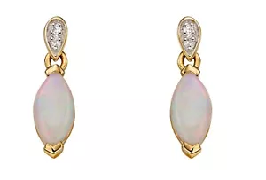 Ovale Opale e Diamante Goccia Orecchini 9ct Oro Giallo 375 Marchiato Britannico - Foto 1 di 3