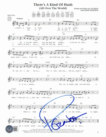 PETER NOONE SIGNED THERE'S A KIND OF HUSH AUT0 SHEET MUSIC BAS HERMAN'S HERMITS Cover
