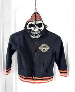 Harley Davidson Kids Sz 6 Full Zip Black Orange Sweatshirt Skull Hood Very Cool! - Picture 1 of 8
