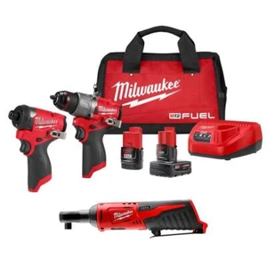 Milwaukee Hammer Drill + Impact Driver Kit 12V Li-Ion Cordless w/ 3/8" Ratchet - Picture 1 of 11