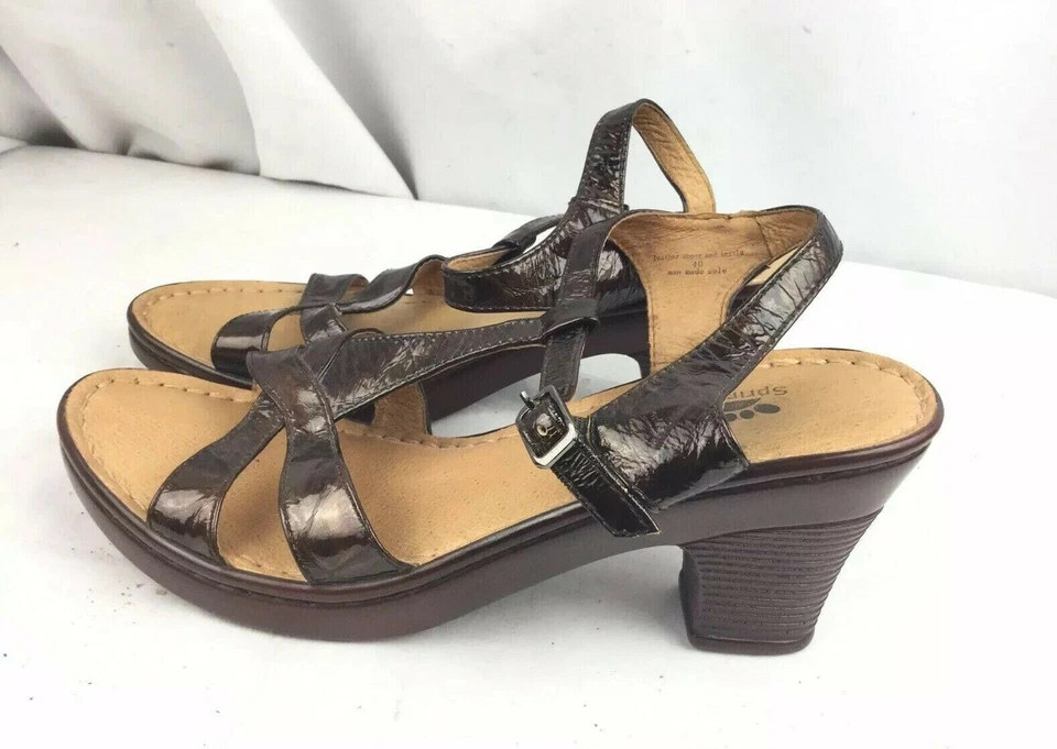 SPRING STEP Brown Patent Leather Heels Sandals Slingback Slides SZ 40/9 - Image 1 of 4