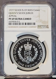 1977 ISLE OF MAN SILVER 1 CROWN QUEENS SILVER JUBILEE NGC PF 69 ULTRA CAMEO TOP - Picture 1 of 3