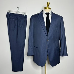 Custom Tailored J. Hilburn Men's Suit 47R 36W Blue Check 100% Wool Loro Piana - Picture 1 of 16