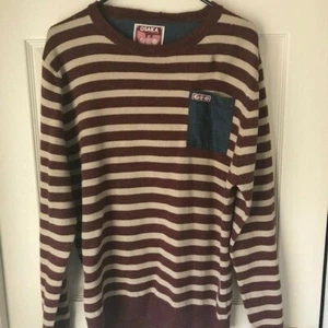 Osaka Tiger Men's Pullover Sweater Burgundy Beige Stripe Denim Patches L/S Sz L - Picture 1 of 7