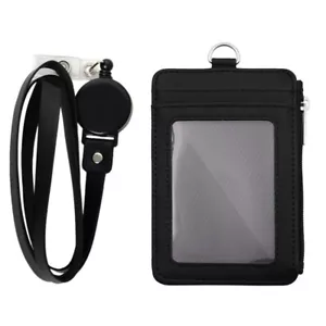 ID Card Badge Holder With PU Leather Zip Slim Money Wallet Case 20" Neck Lanyard - Picture 1 of 7