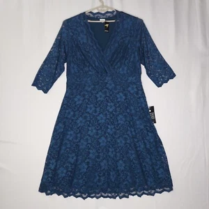 Avenue Dress 26/28 Blue Lace Lined Empire V-Neck 3/4 Sleeve Stretch Party Midi - Picture 1 of 8