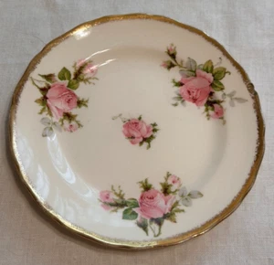 Vintage CANONSBURG POTTERY "Moss Rose" 6" Bread plate Pink roses Gold rim - Picture 1 of 5