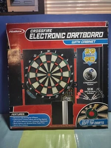 HTF Halex Crossfire 29 Game Electronic Dart Board W/ Modern Style Cabinet Doors - Picture 1 of 9