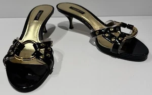 DOLCE & GABBANA Black Patent Leather Gold Rivets Mid Heel Sandals Shoes Size 10 - Picture 1 of 7