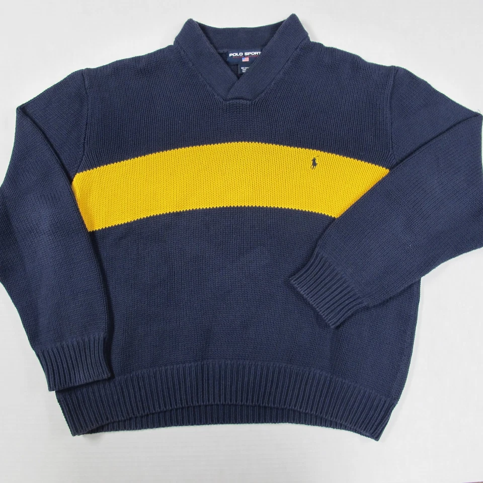 Винтажный Polo Sport свитер мужской 2XL синий желтый вязаный шаль воротник цвет блока - Изображение 1 из 4