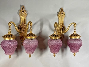 Wall Lamps Sconces Louis XVI Bronze Gilded Pair Purple Crystal Light Shades - Picture 1 of 15