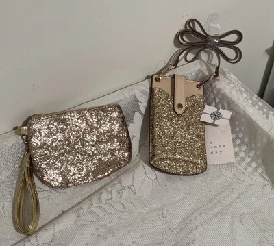 A New Day Crossbody Handbag/small gold glitter tan with card slots ,cell phone - Image 1 of 4