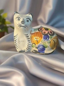 VINTAGE KUNSTKERAMIK TONALA MEXIKO KATZE FIGUR HANDBEMALT - Bild 1 von 2