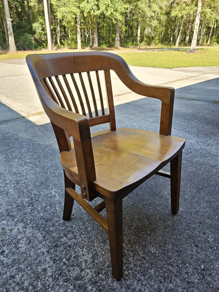 Vtg W.H. Gunlocke Chair Co. Solid Walnut Arm Barrel Courtroom Jury Banker Office - Image 1 of 4