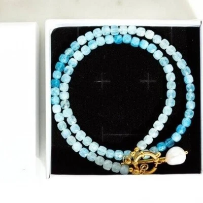 Aquamarine Beaded Necklace Ocean Blue Gemstone Jewelry Waterproof Vacation Gift - Image 1 of 4