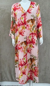 Natori Caftan Womens XL Pink Tiger Floral Lounge Maxi Gown Pockets V-Neck Sheer - Picture 1 of 10