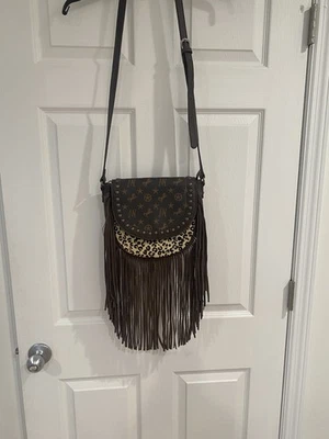 MONTANA WEST LEATHER WESTERN SHOULDER BAG WITH FRINGE AND LEOPARD PRINT - Image 1 of 4