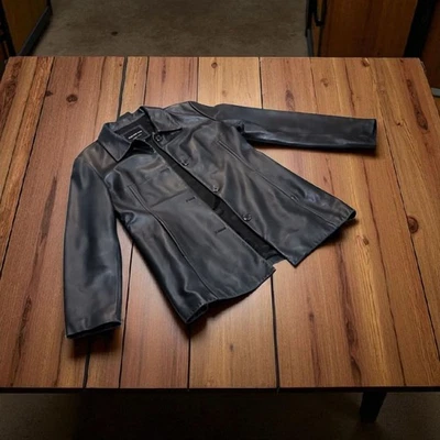 Soft Black Leather Andrew Marc NY Car Coat Women MidLength Vtg XL Jacket Buttons - Image 1 of 4