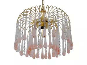 Vintage Waterfall Chandelier Pink Glass Drops 1970 MURANO Chrome VENINI Ceiling. - Picture 1 of 14