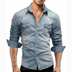 Mens Denim Shirts Long Sleeve Jeans Cotton Washed Slim Fit Multicolor Shirts Top - Picture 1 of 17