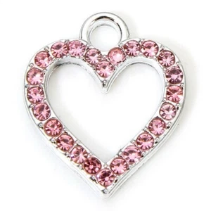 10 Micro Pave Silver Tone Heart Shape Love Charm Pendants with Pink Rhinestone - Picture 1 of 1