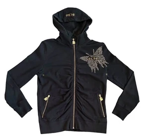 BCBGMAXAZRIA Women’s Hoodie Black Rhinestone Butterfly Full Zip Size Medium Y2K - Picture 1 of 14
