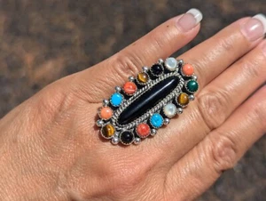Anillo Nativo Americano Multi Piedra Navajo Turquesa Coral Plata de Ley Talla 8.25 - Imagen 1 de 10