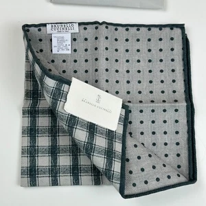 Brunello Cucinelli Reversible Cotton Linen Green Plaid Men's Pocket Square NWT - Picture 1 of 16