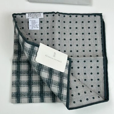 Brunello Cucinelli Reversible Cotton Linen Green Plaid Men's Pocket Square NWT - Image 1 of 4
