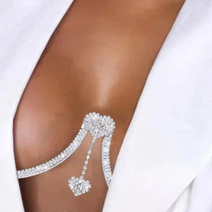 Rhinestone Chest Bracket Chain Trendy Crystal Heart Pendant Body Chain for Women - Picture 1 of 9