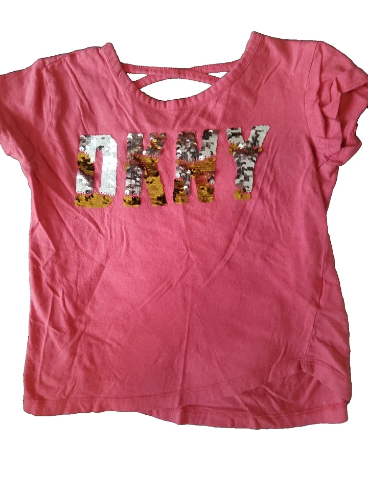 DKNY Girls T-shirt Pink Silver Gold Sequin Logo Cross Back S 7 - Image 1 of 4