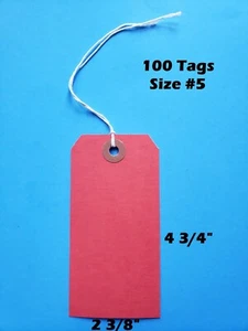 100 Blank Red Tags 4 3/4" x 2 3/8" Size 5 Inventory Shipping Hang String Strung - Picture 1 of 2