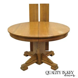 Antique Craftsman Mission Arts & Crafts Oak Wood Round Dining Table w/ 2 Leaves - Picture 1 of 11