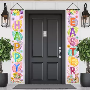 Easter Porch Banner Bunny Egg Rabbit Daisy Party Front Door Sign Wall Hanging Sp - Picture 1 of 12