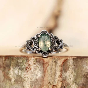Unique Moss Agate Gemstone 925 Sterling Silver Handmade Ring 6x8mm Agate Ring - Picture 1 of 7