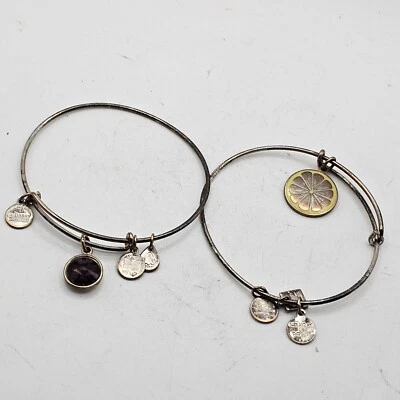 Juego de 2 Brazaletes Brazalete Alex & Ani Tono Plata Dije Piedra Púrpura y Limón Foto 1 de 4