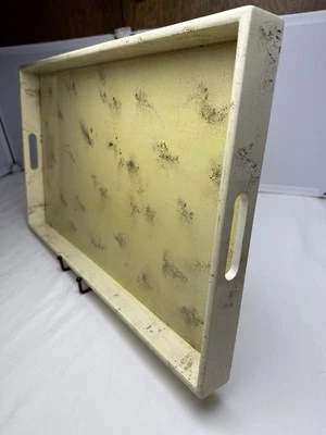 Wooden Off White Cream Colored Serving Tray 20 x 12 inches with Handles. - Image 1 of 4