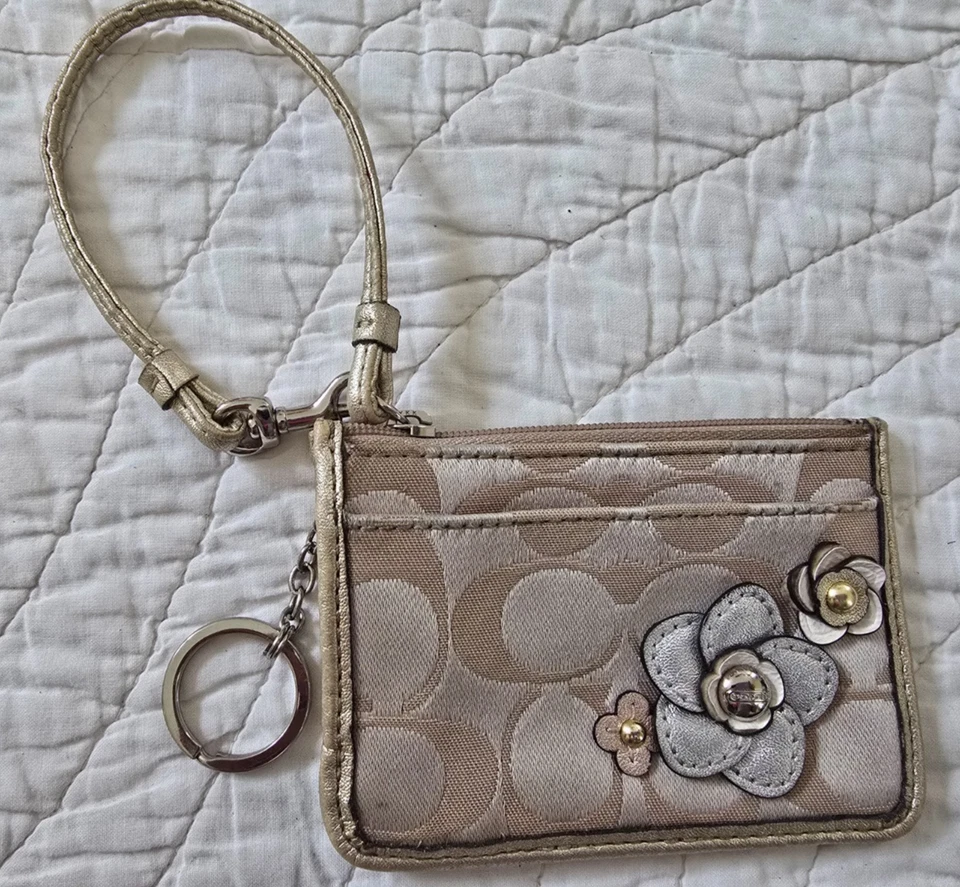 Coach Signature Flower Applique Light Khaki Gold ID Skinny Wristlet 4.5"X3" - Image 1 of 4