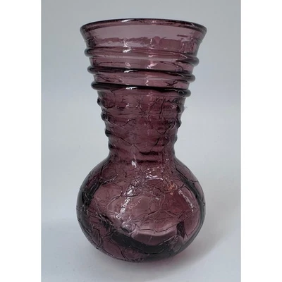 Jarrón de vidrio craquelado púrpura vintage Blenko estilo peregrino cuello acanalado arte vidrio Foto 1 de 4