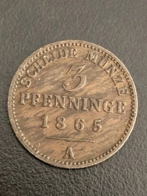 German States Prussia 1865-A, 3 pfenninge old world coin HIGH GRADE!! - Image 1 of 2