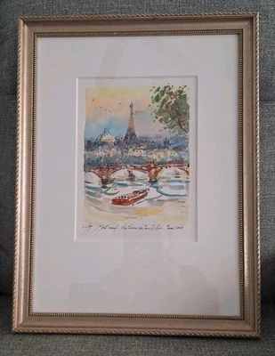 Watercolor Painting of Eiffel Tower Pont Neuf  Bridge Seine River Tourist 2007 - Image 1 of 4
