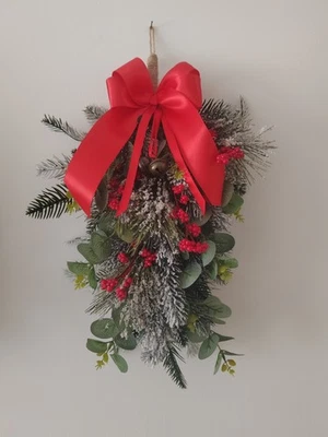 Christmas Hanging Door Swag Snowy Spruce & Red Berry Sprays 40cm - Image 1 of 3