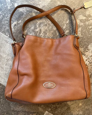 COACH EDIE 棕色鹅卵石马鞍皮革包 单肩包 托特包 双肩带 — 第 1/4 张图片