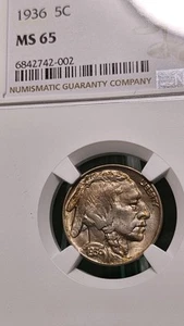 1936 Buffalo Nickel 5c MS65 Flashy Toning - Picture 1 of 5