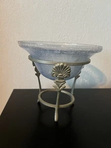 Vintage Blue Crackled Glass Bowl In 3 Footed Stand With Ornate Shell Design 6” - Picture 1 of 11