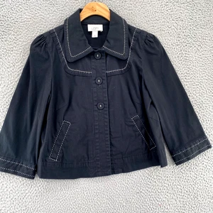 LOFT Jacket Womens 4 Black Contrast Stitch Twill Button Up Pockets 3/4 Sleeves - Picture 1 of 11