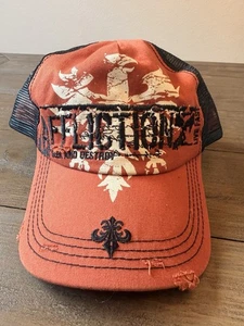 Gorra de camionero Affliction Distressed ajustable a presión trasera naranja negra - Imagen 1 de 10